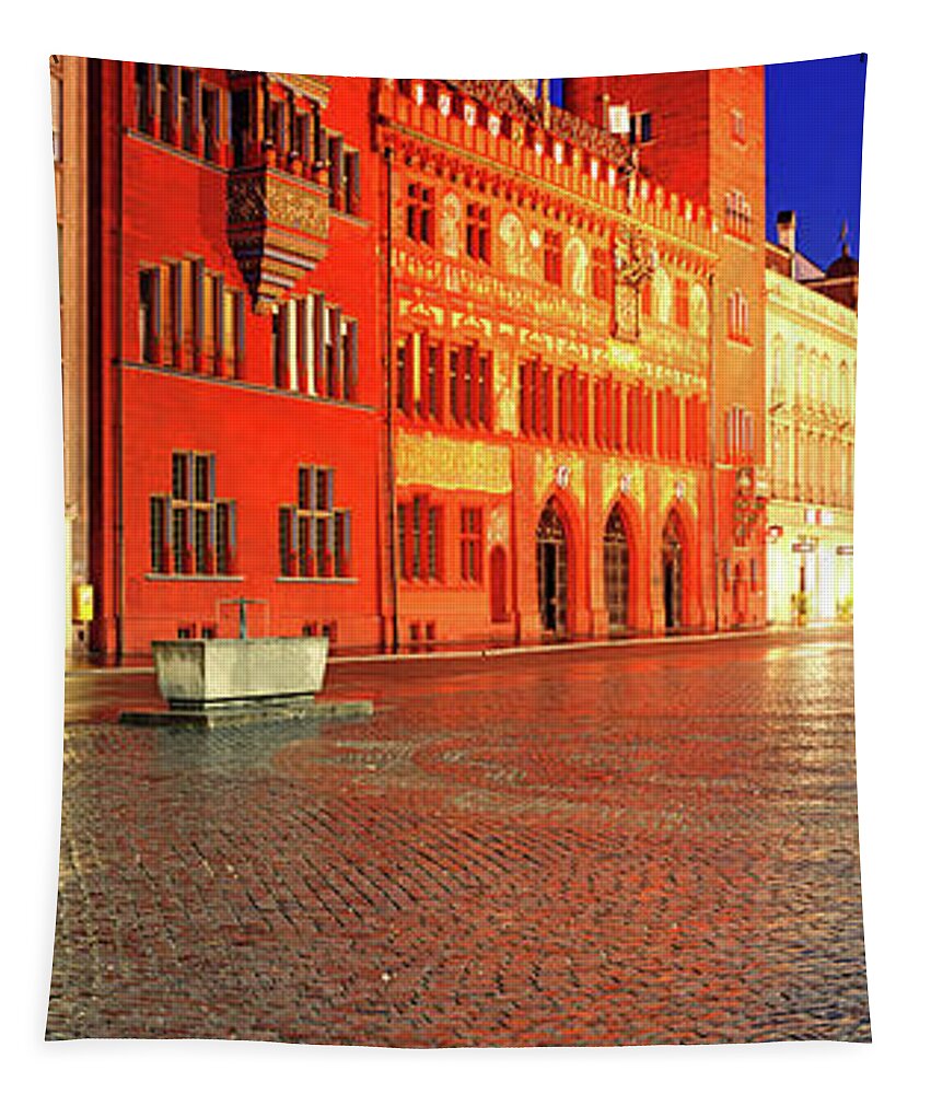 Photography Tapestry featuring the photograph Basel Town Hall At Night, Market by Panoramic Images