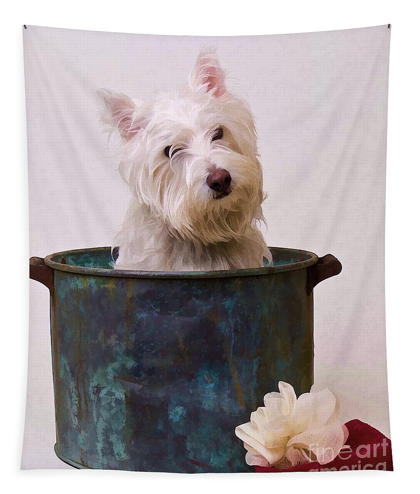 Dog Tapestry featuring the photograph Bath Time Westie by Edward Fielding