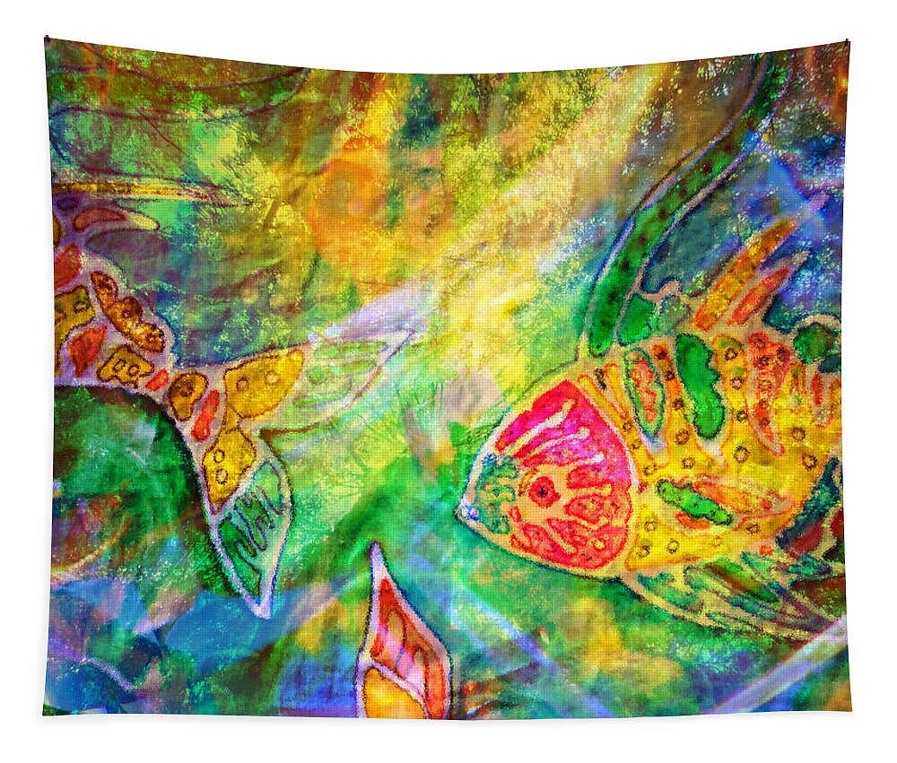 Fish Tapestry featuring the painting Batik Fishes - Swimming by Marie Jamieson