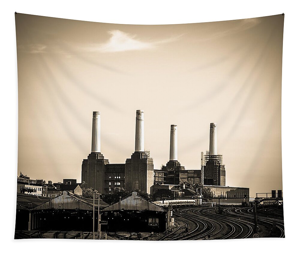 Art Tapestry featuring the photograph Battersea Power Station with train tracks by Lenny Carter