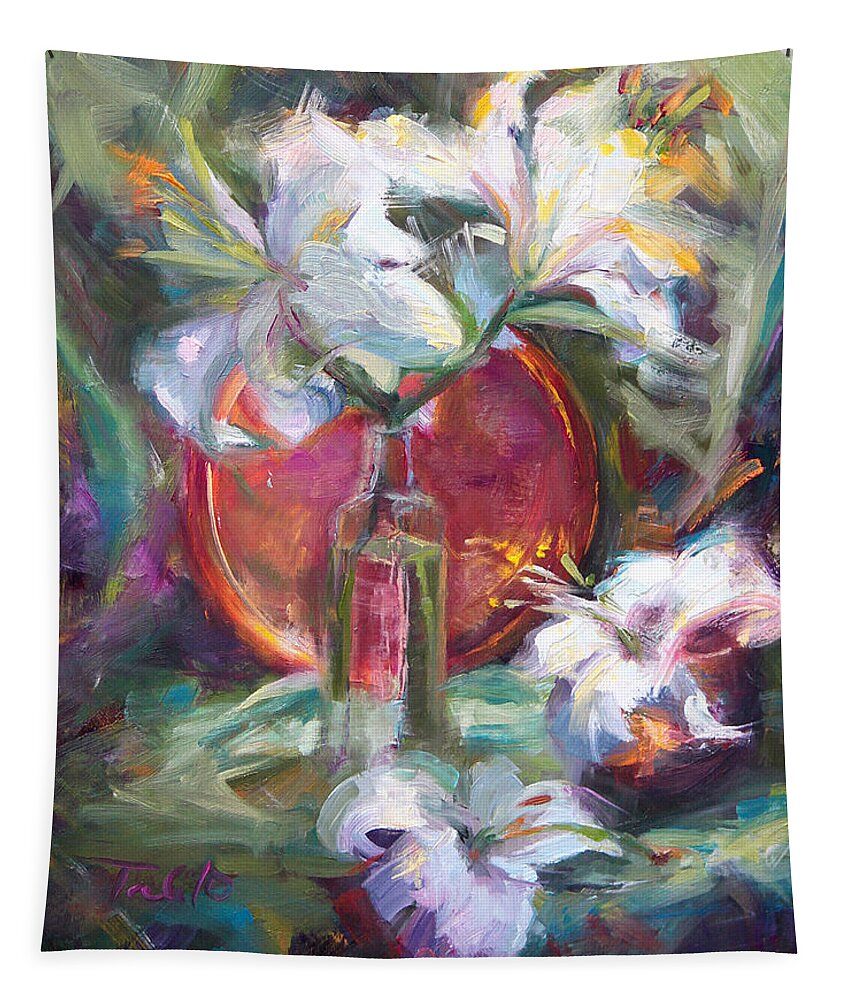 Casablanca Tapestry featuring the painting Be Still - Casablanca Lilies with Copper by Talya Johnson