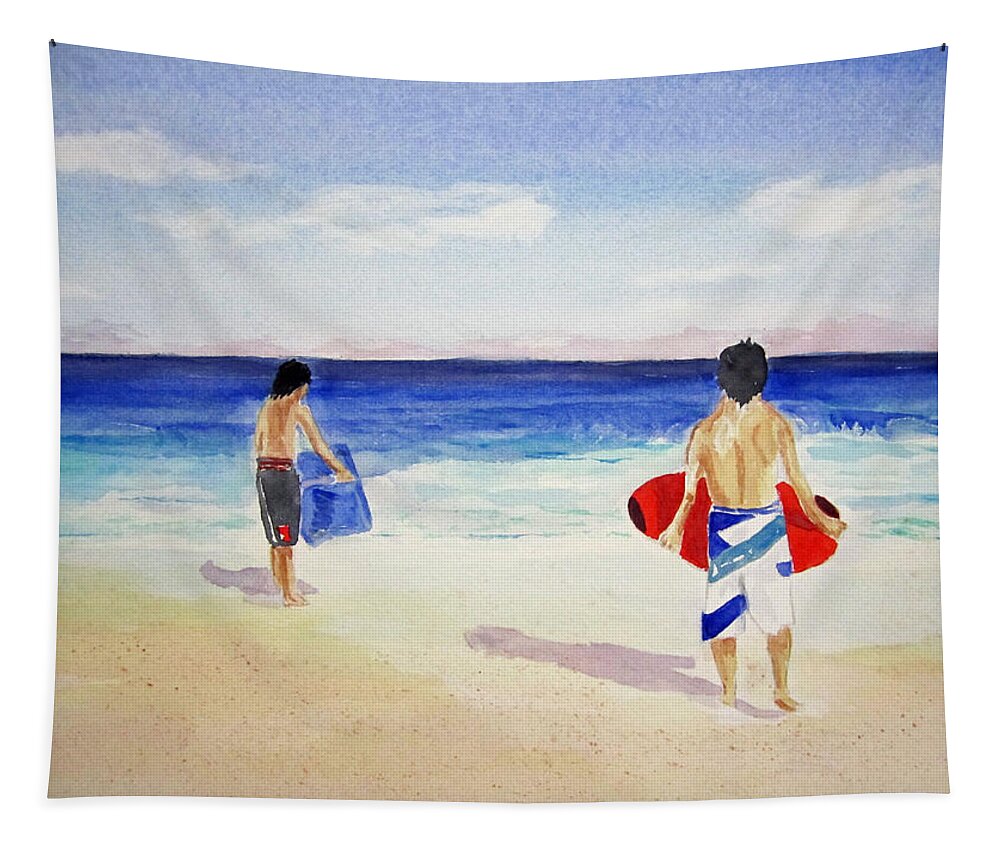 Seascape Tapestry featuring the painting Beach Boys Australia by Elvira Ingram