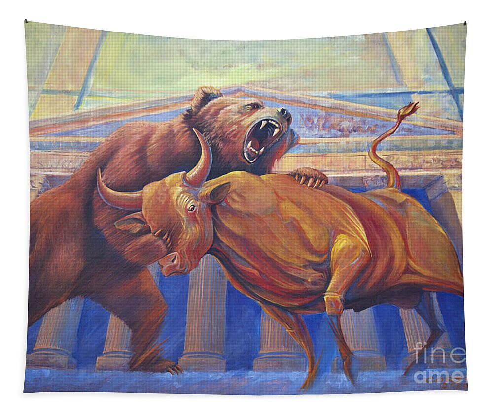 Wall Art. Wildlife Paintings Tapestry featuring the painting Bear vs Bull by Robert Corsetti