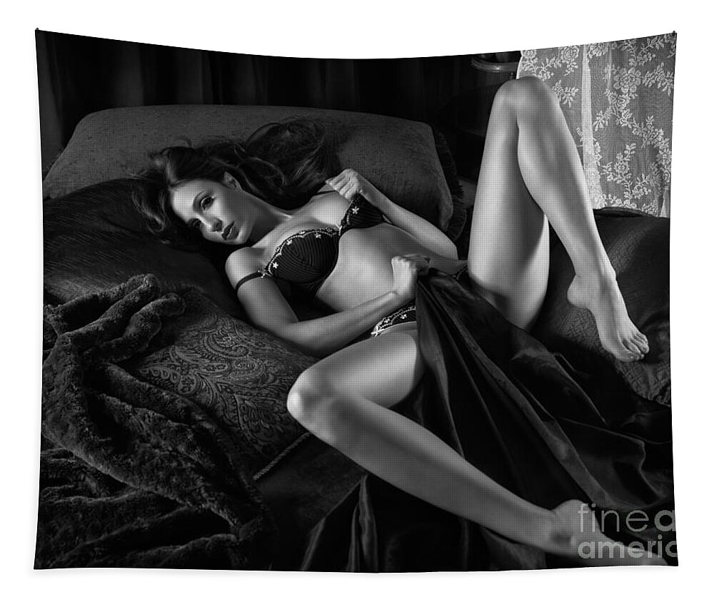 Beautiful sexy woman in lingerie lying on bed Black and white Tapestry by Maxim Images Exquisite Prints