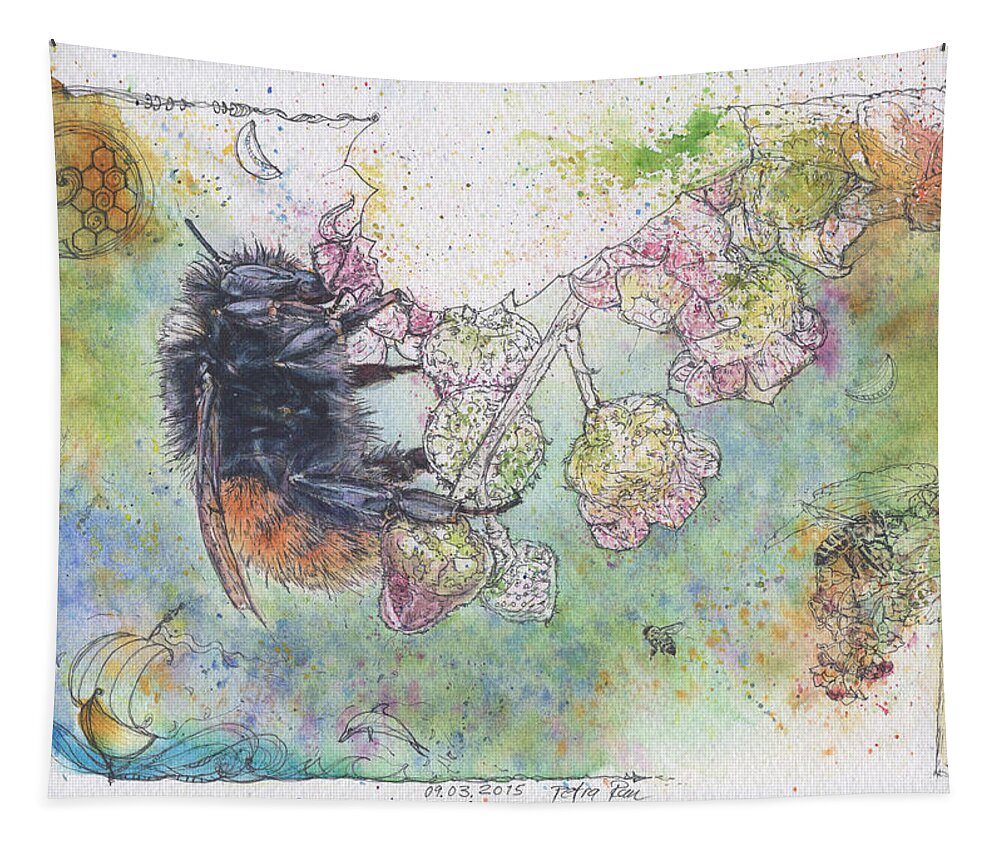 Bees Tapestry featuring the painting Bee on Currant Blossom. by Petra Rau
