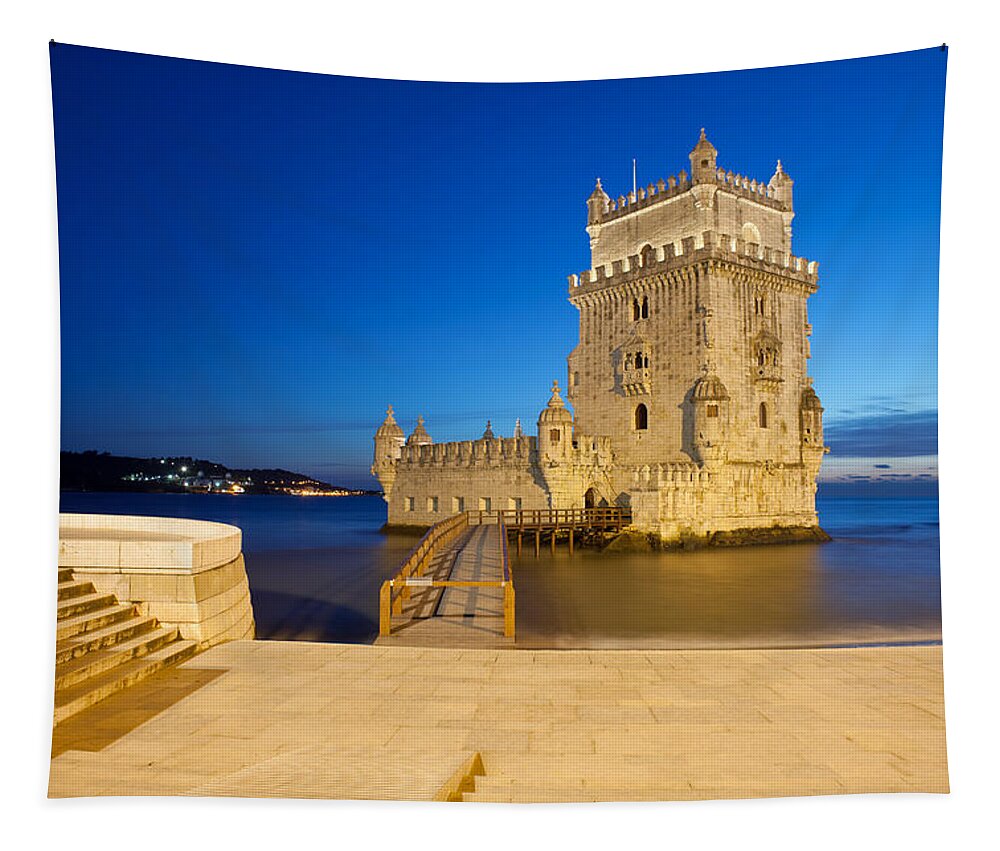 Lisbon Tapestry featuring the photograph Belem Tower at Night in Lisbon by Artur Bogacki