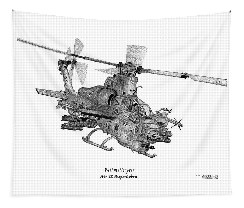 Bell Helicopter Tapestry featuring the drawing Bell Helicopter AH-1Z SuperCobra by Arthur Eggers