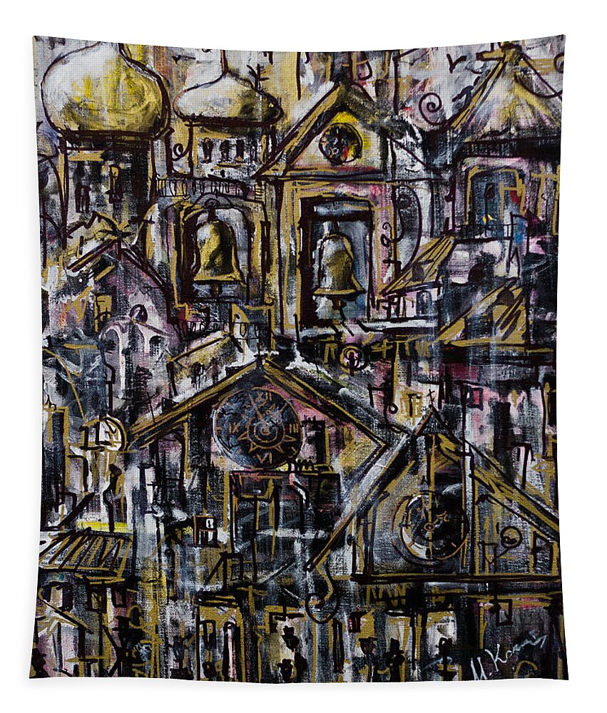 Acrylic Tapestry featuring the painting Bells Clocks and Crosses by Maxim Komissarchik
