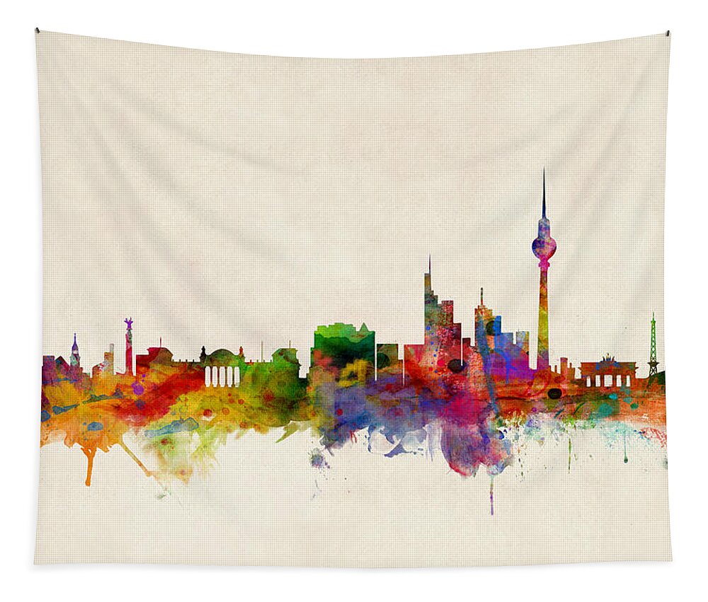City Skyline Tapestry featuring the digital art Berlin City Skyline by Michael Tompsett