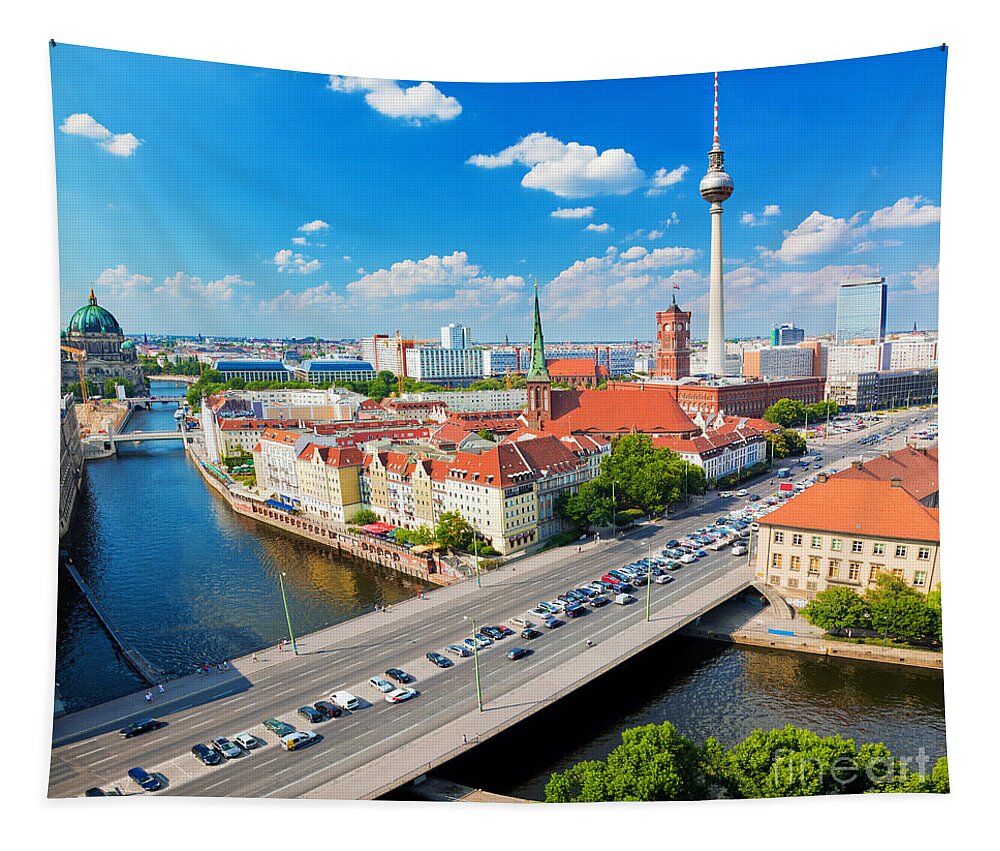 Berlin Tapestry featuring the photograph Berlin Germany view on major landmarks by Michal Bednarek