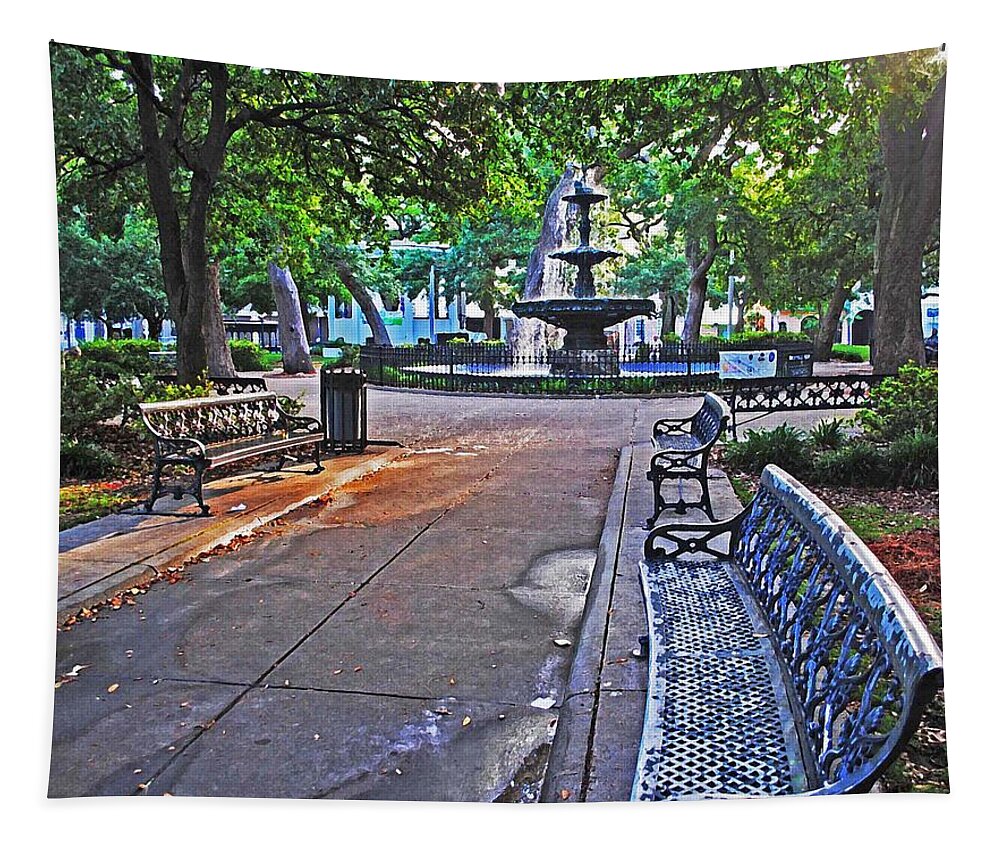 Palm Tapestry featuring the painting Bienville Square and the Bench 2 by Michael Thomas