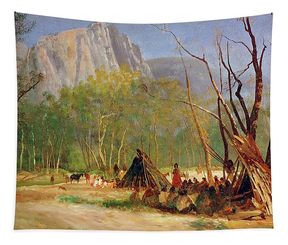 1872 Tapestry featuring the painting Indians in Council, California, c1872 by Albert Bierstadt