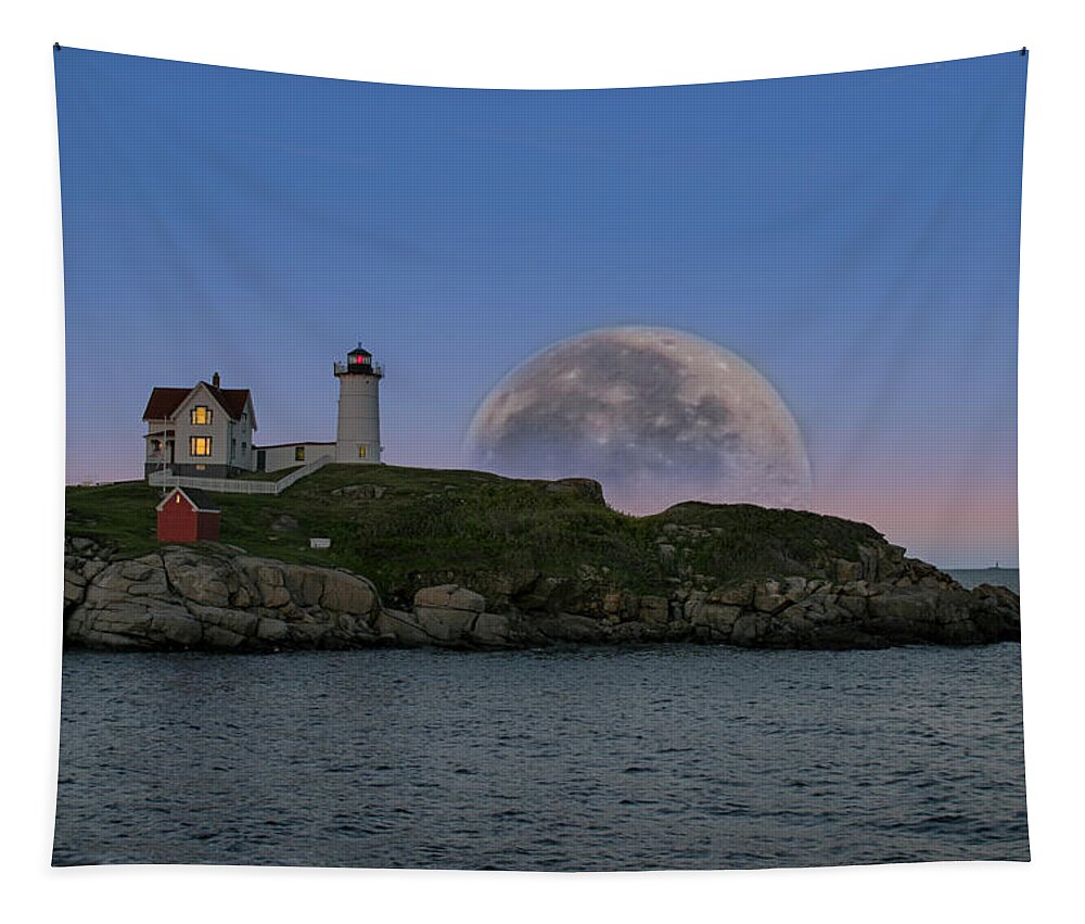 Nubble Lighthouse Tapestry featuring the photograph Big moon over Nubble Lighthouse by Jeff Folger