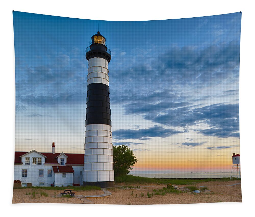 Dusk Tapestry featuring the photograph Big Sable Point Lighthouse Sunset by Sebastian Musial
