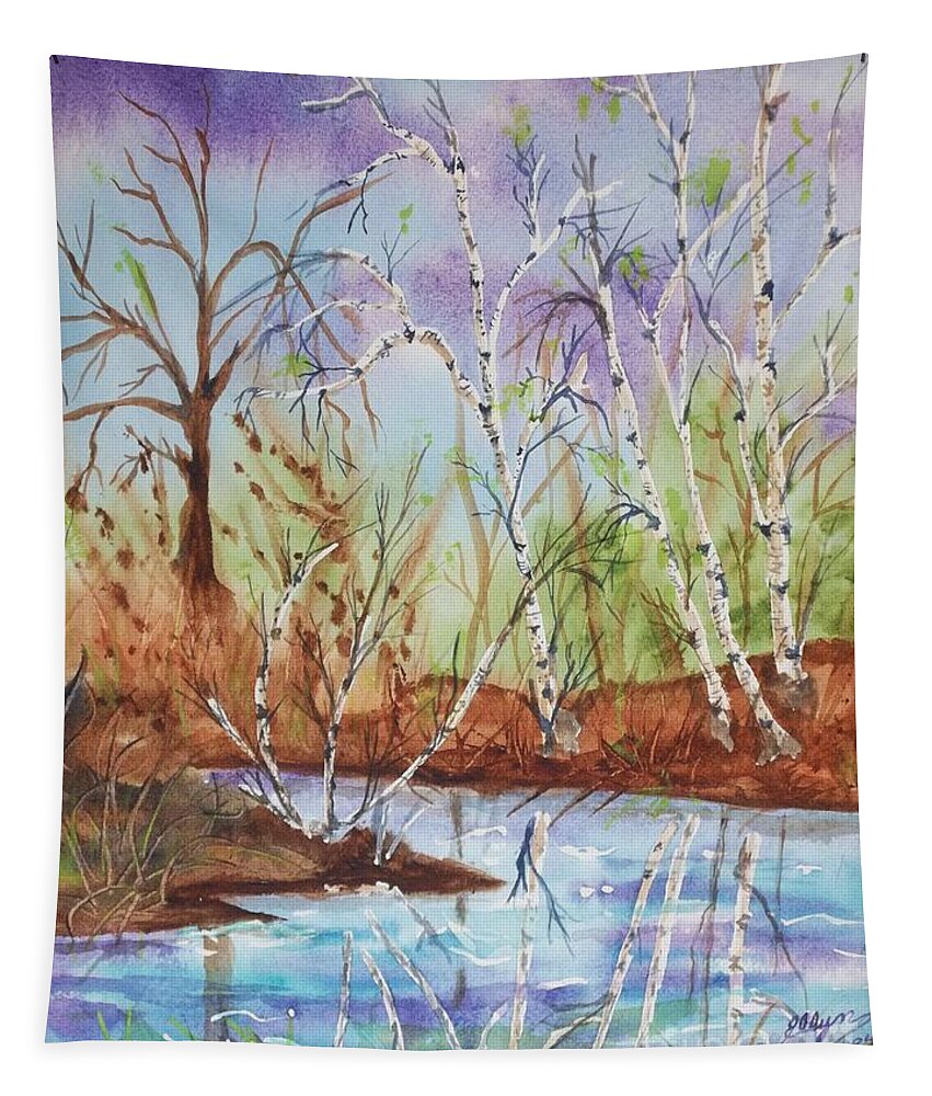 Birches Tapestry featuring the painting Birches reflected in Kaaterskill Creek by Ellen Levinson