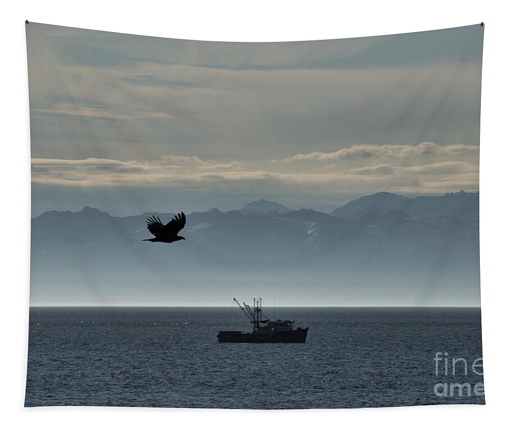  Tapestry featuring the photograph Bird Boat and Mountains by David Arment