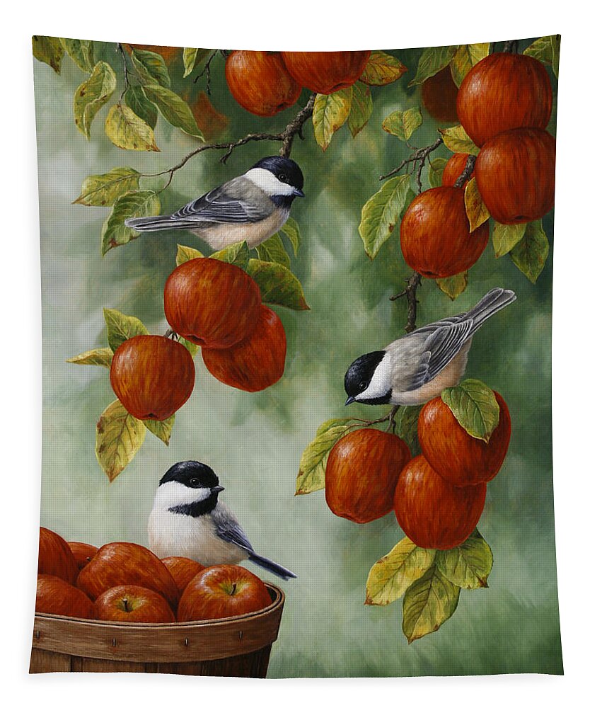#faatoppicks Tapestry featuring the painting Bird Painting - Apple Harvest Chickadees by Crista Forest
