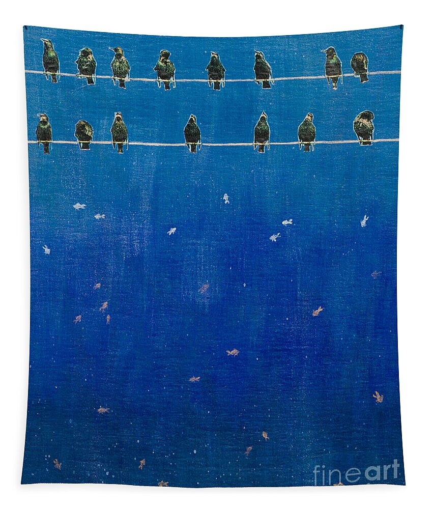 Tapestry featuring the painting Birds and Fish by Stefanie Forck
