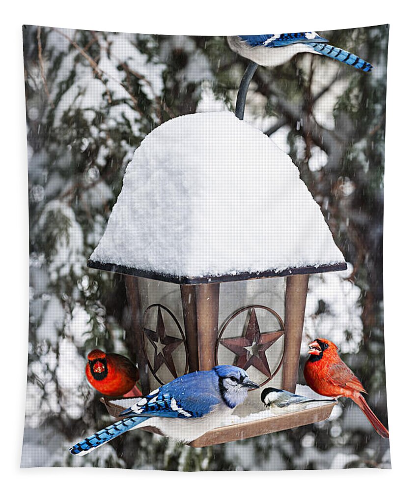 Birds Tapestry featuring the photograph Birds on bird feeder in winter by Elena Elisseeva