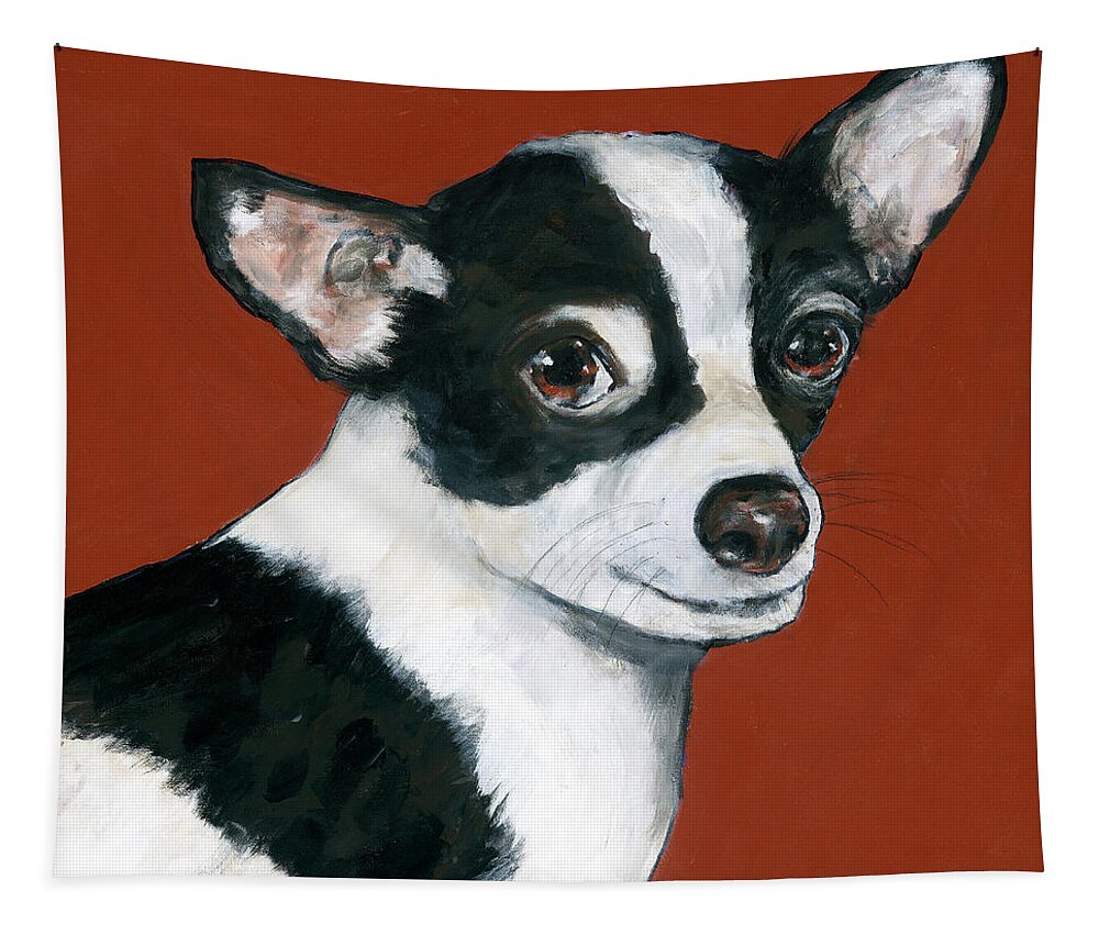 Black And White Chihuahua Tapestry featuring the painting Black and white Chihuahua by Dale Moses
