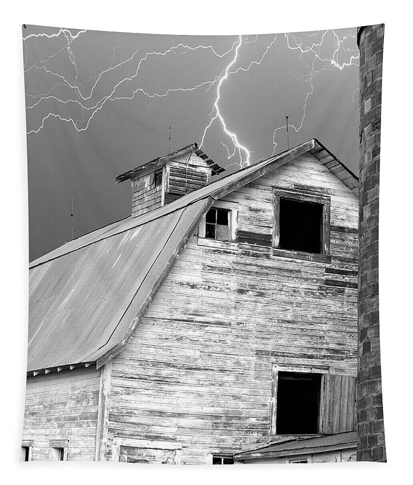 Lightning Tapestry featuring the photograph Black and white Old Barn Lightning Strikes by James BO Insogna