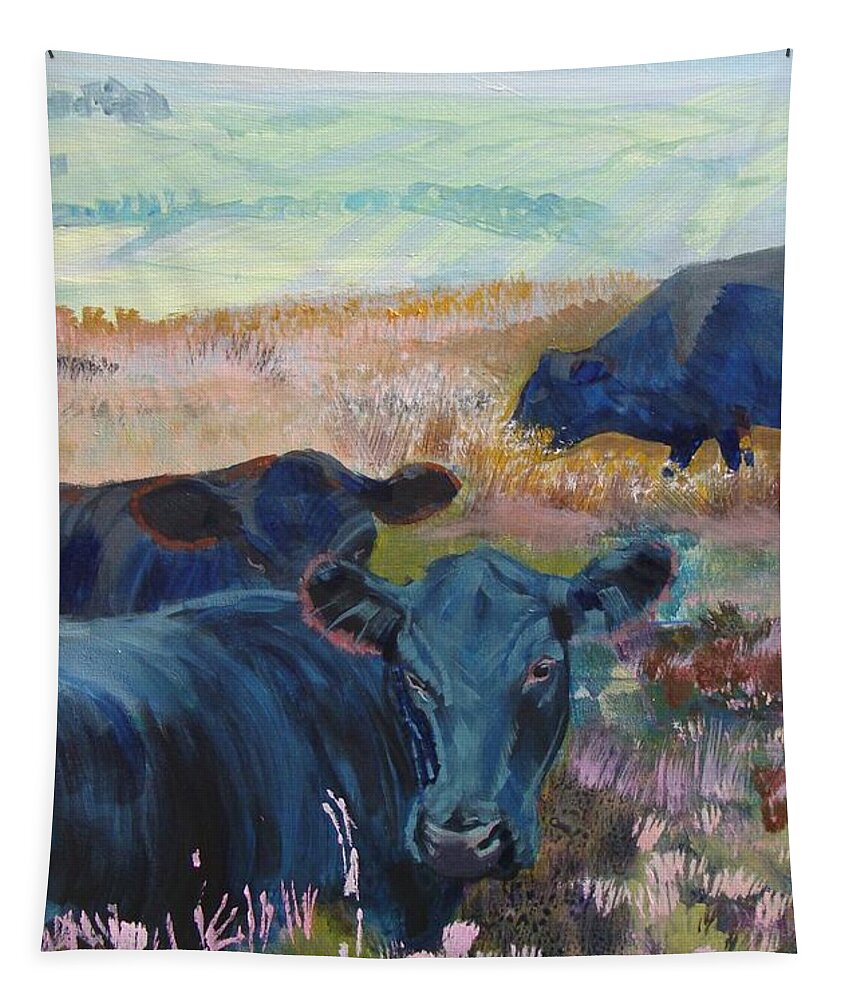 Cow Tapestry featuring the painting Black Cows on Dartmoor by Mike Jory