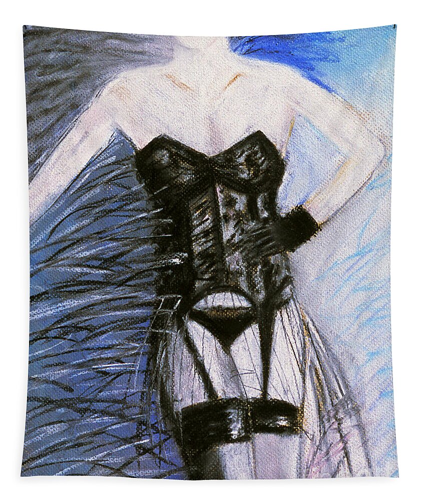 Female In Black Corset Tapestry featuring the painting Black Lace Corset Art Print by William Cain