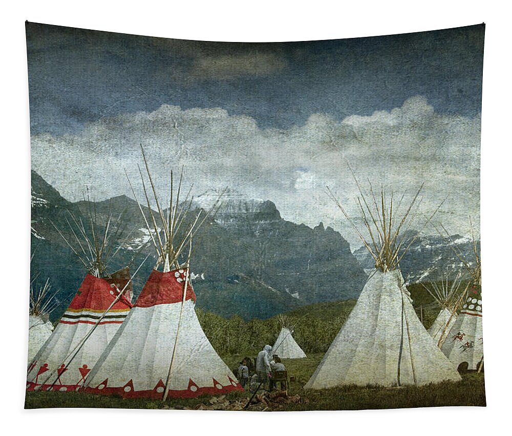 Blackfoot Tapestry featuring the photograph Blackfoot Camp at a Summer PowWow at St. Mary by Glacier National Park by Randall Nyhof