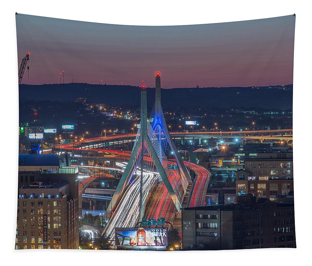 Boston Tapestry featuring the photograph Blue and Red Zakim by Bryan Xavier