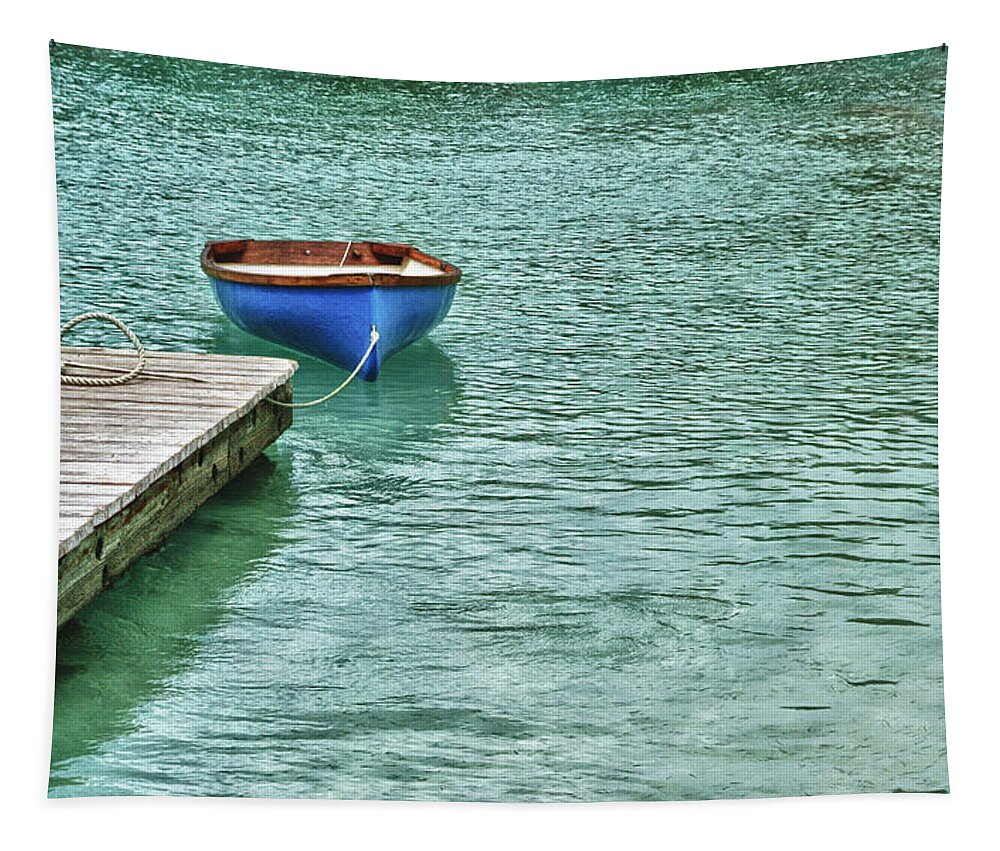 Blue Tapestry featuring the digital art Blue Boat Off Dock by Michael Thomas