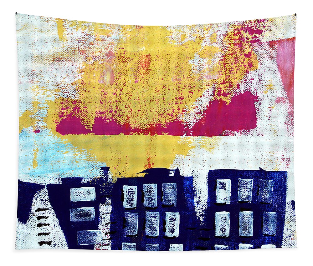 Abstract Urban Landscape Tapestry featuring the painting Blue Buildings by Linda Woods