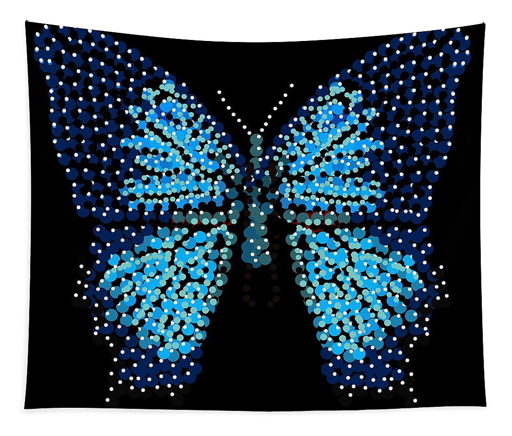  Tapestry featuring the digital art Blue Butterfly Black Background by R Allen Swezey