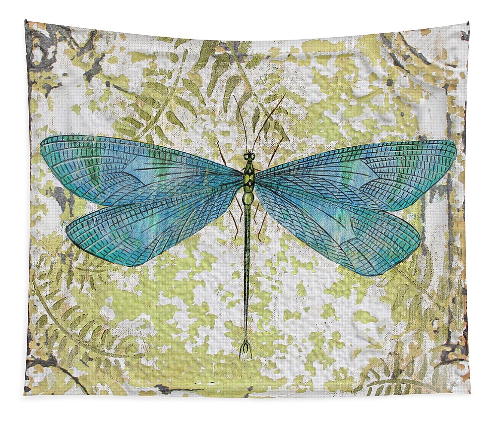 Acrylic Painting Tapestry featuring the painting Blue Dragonfly on Vintage Tin by Jean Plout