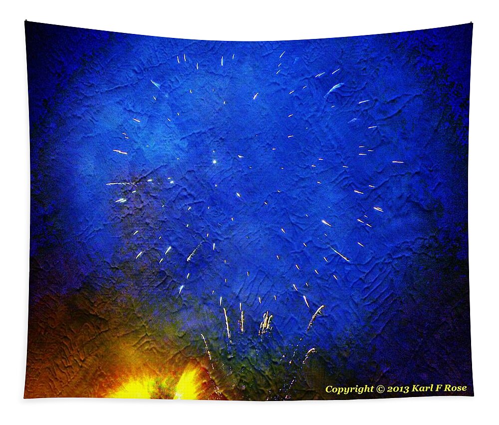 Fireworks Tapestry featuring the photograph Blue fireworks as a painting by Karl Rose