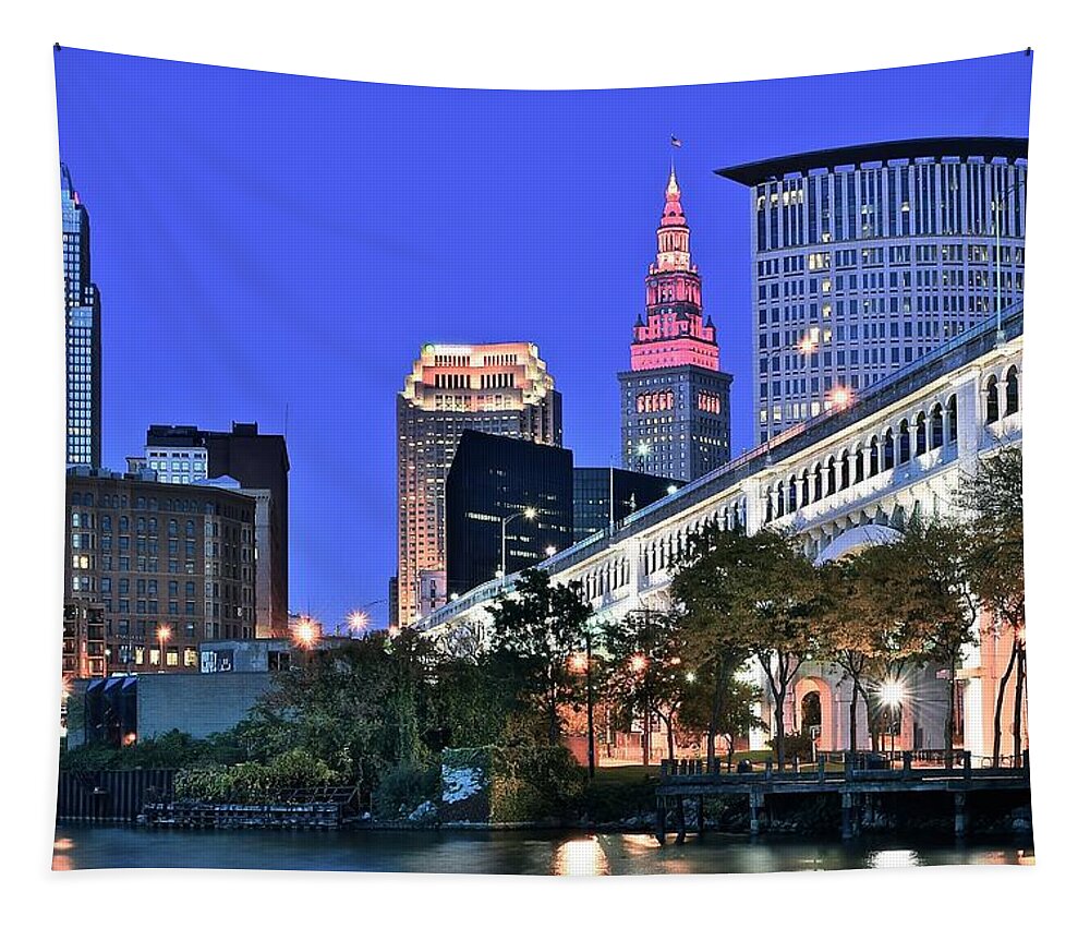 Cleveland Tapestry featuring the photograph Blue Hour in Cleveland by Frozen in Time Fine Art Photography