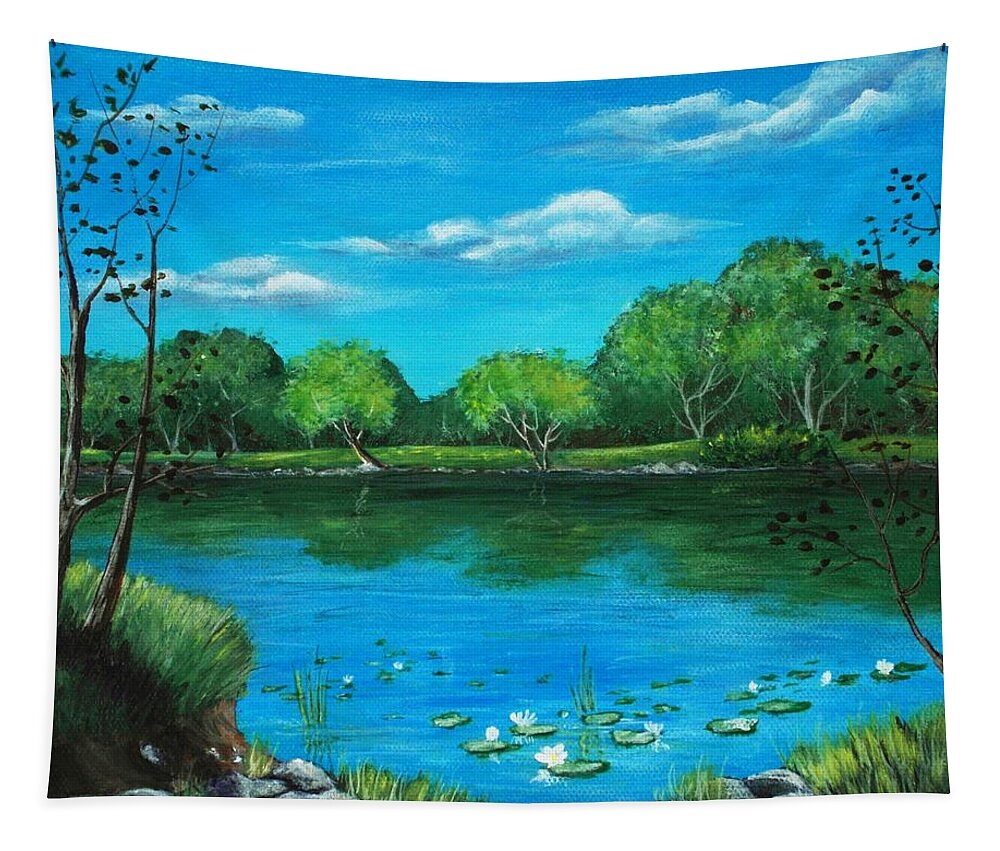 Calm Tapestry featuring the painting Blue Lake by Anastasiya Malakhova