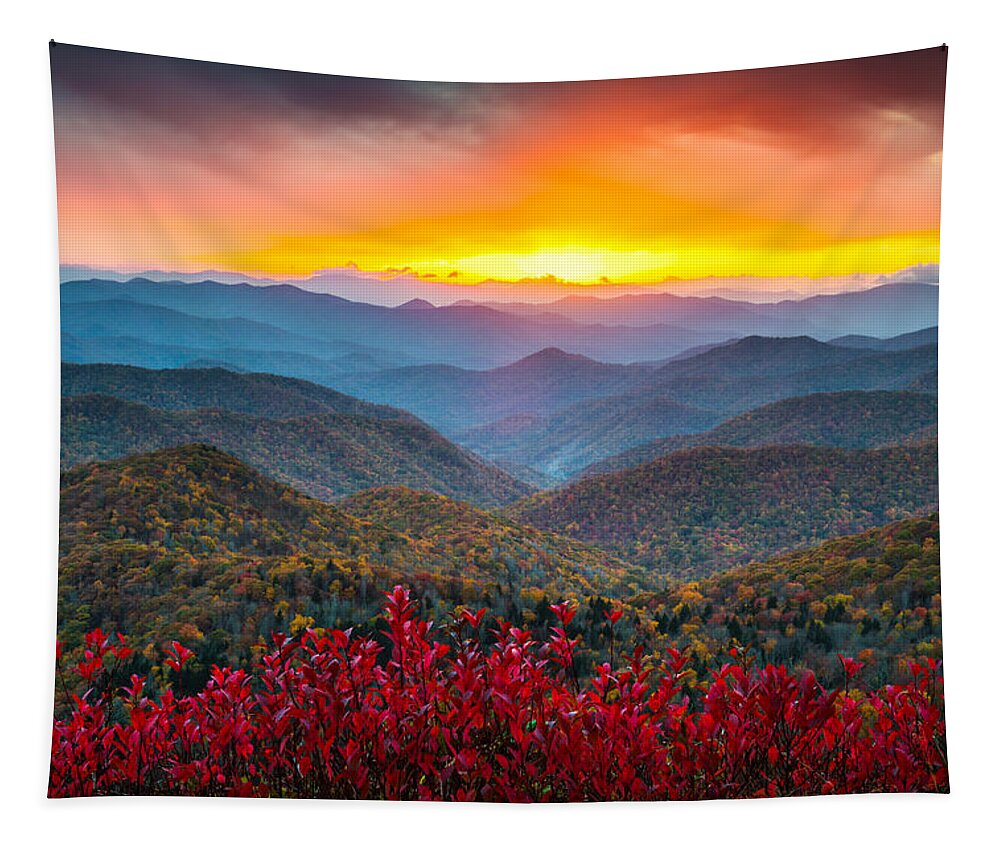 Blue Ridge Parkway Tapestry featuring the photograph Blue Ridge Parkway Autumn Sunset NC - Rapture by Dave Allen