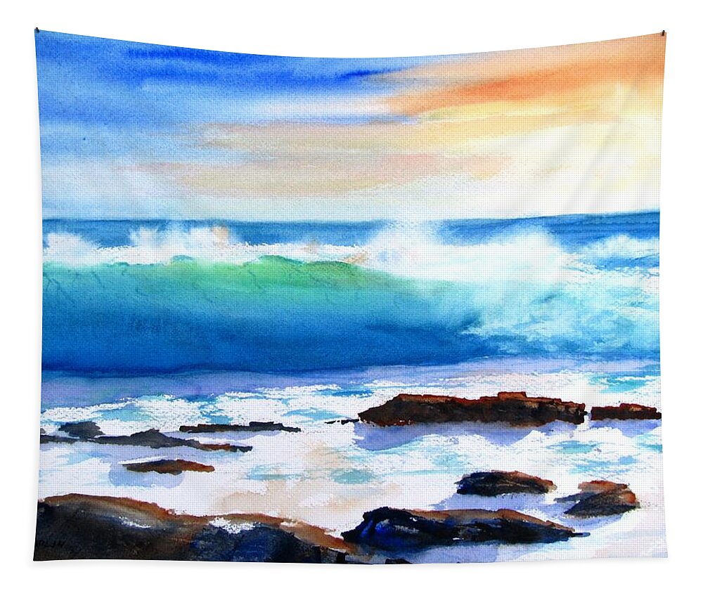 Ocean Tapestry featuring the painting Blue Water Wave crashing on Rocks by Carlin Blahnik CarlinArtWatercolor