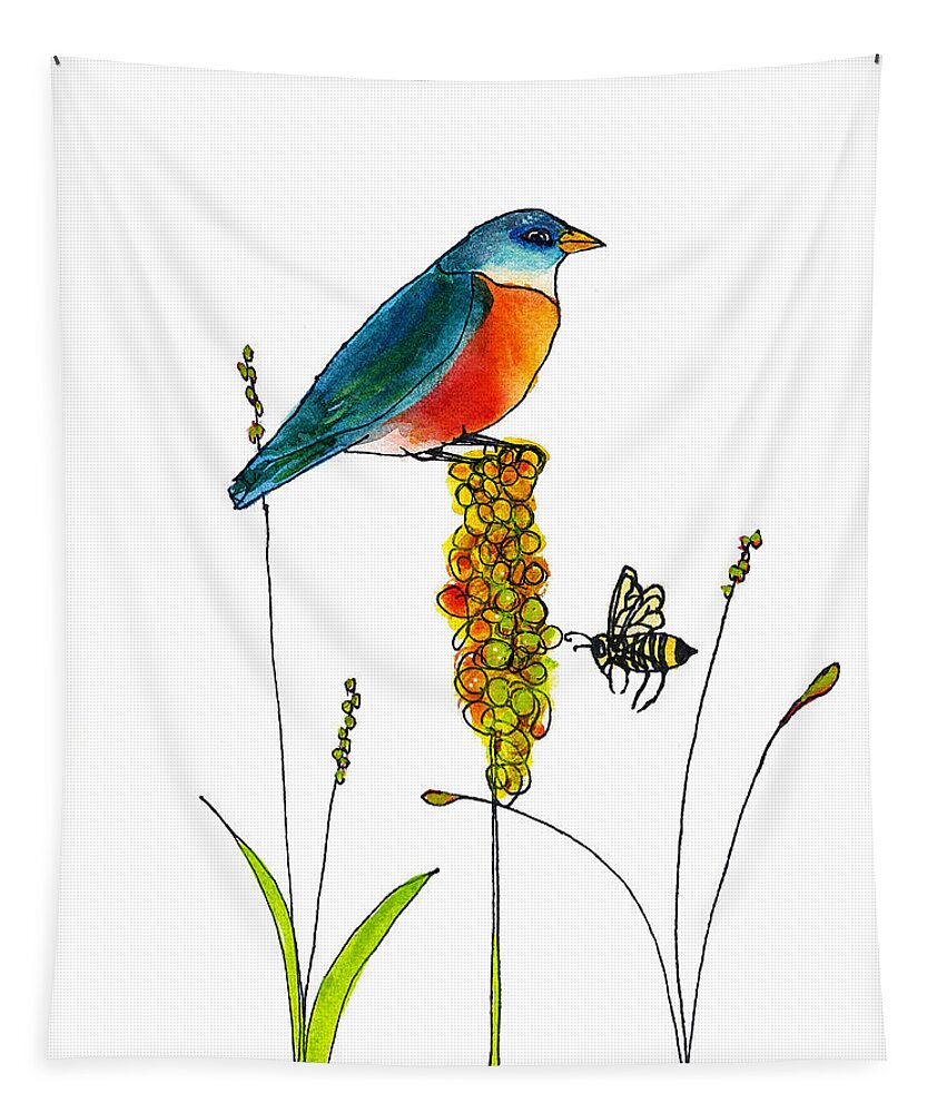 Bluebird Tapestry featuring the painting Bluebird and Bee by Blenda Studio