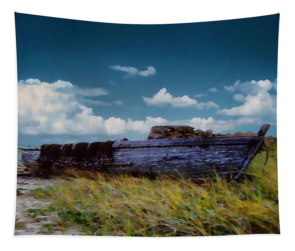 Beach Tapestry featuring the digital art Boat on the beach by Cathy Anderson