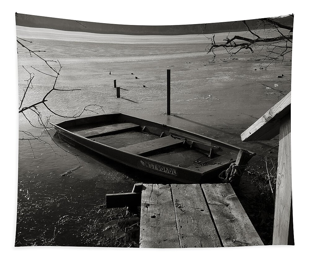 Wingra Tapestry featuring the photograph Boat in Ice - Lake Wingra - Madison - WI by Steven Ralser