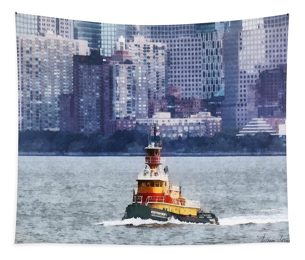 Boat Tapestry featuring the photograph Boat - Tugboat By Manhattan Skyline by Susan Savad