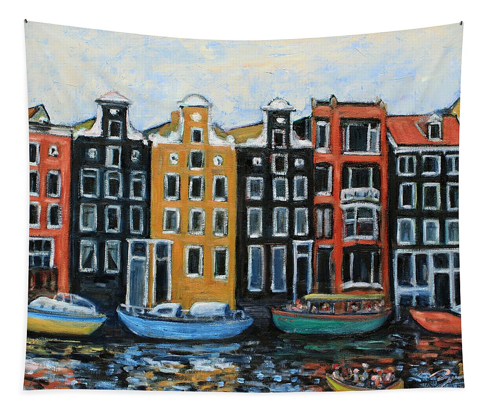 Old Town Tapestry featuring the painting Boats In Front of the Buildings VI by Xueling Zou