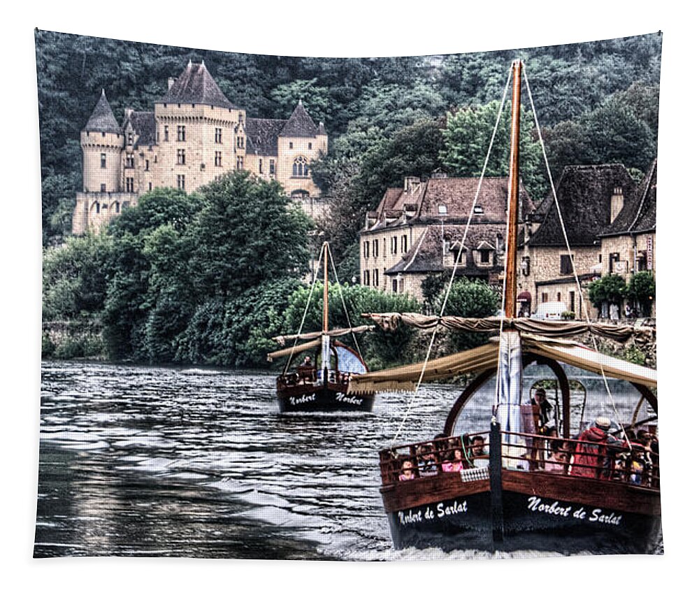 France Tapestry featuring the photograph Boats sailing the Dordogne river in La Roque Gageac by Weston Westmoreland