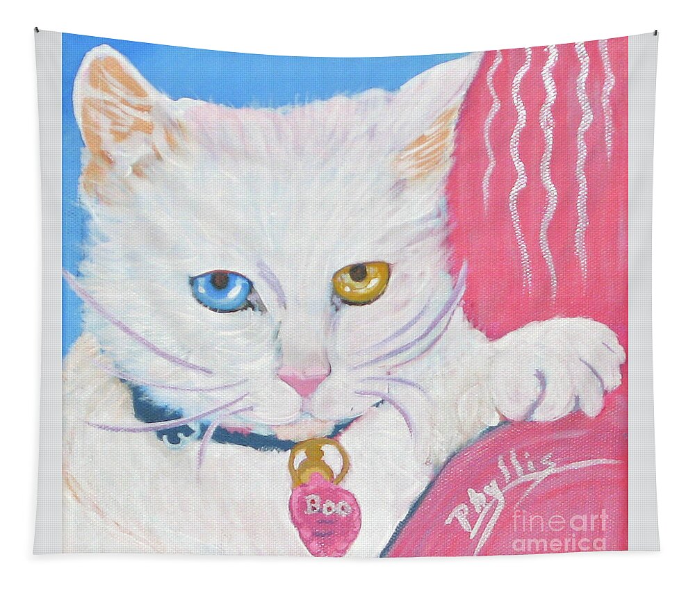 White Kitty Tapestry featuring the painting Boo Kitty by Phyllis Kaltenbach