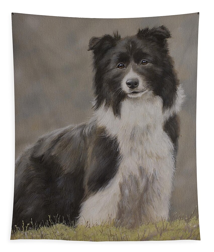Border Collie Tapestry featuring the painting Border Collie portrait VIII by John Silver