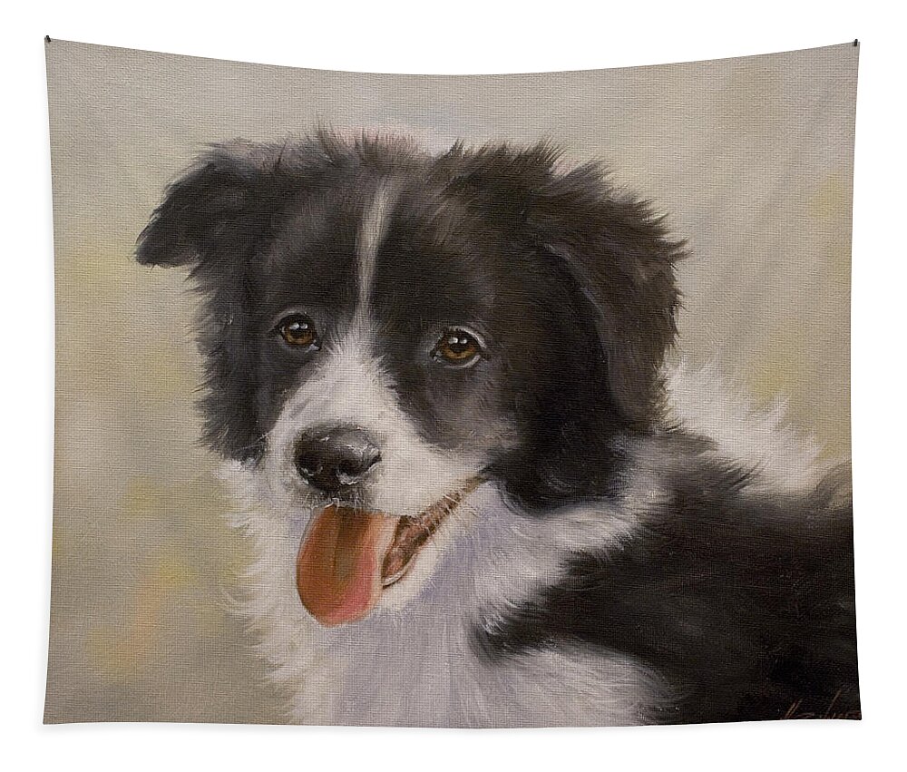 Border Collie Tapestry featuring the painting Border Collie pup portrait IV by John Silver