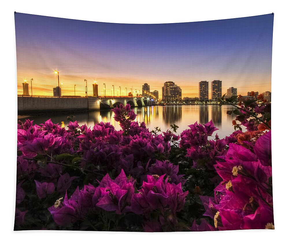 Clouds Tapestry featuring the photograph Bougainvillea on the West Palm Beach Waterway by Debra and Dave Vanderlaan