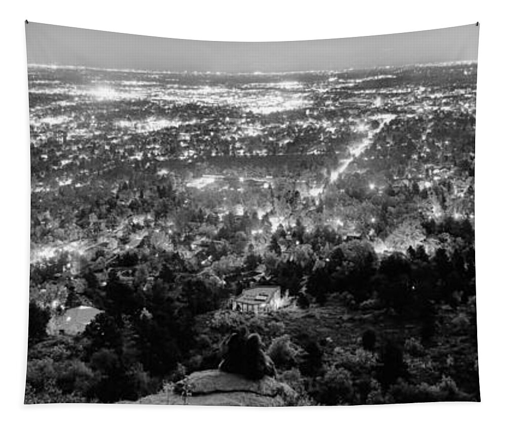 Cityscape Tapestry featuring the photograph Boulder Colorado City Lights Panorama Black and White by James BO Insogna