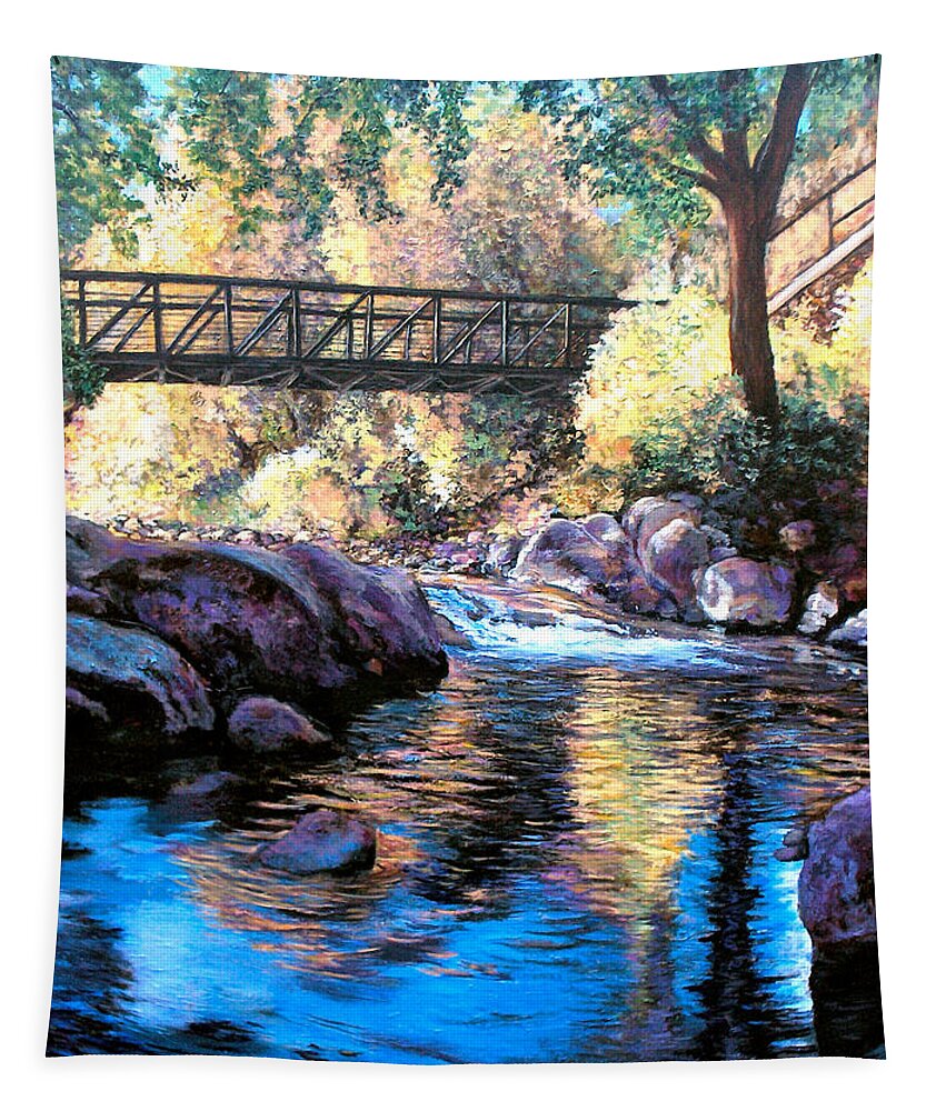 Boulder Tapestry featuring the painting Boulder Creek Bridge by Tom Roderick